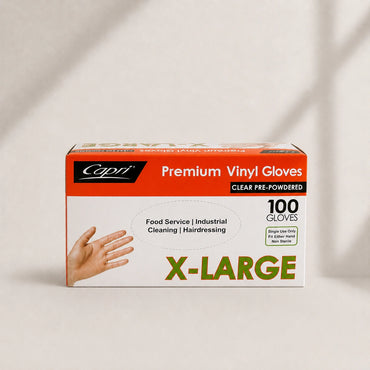 Capri Premium Vinyl Gloves Pre Powdered X-Large Clear 100 Pcs - C-GV0013