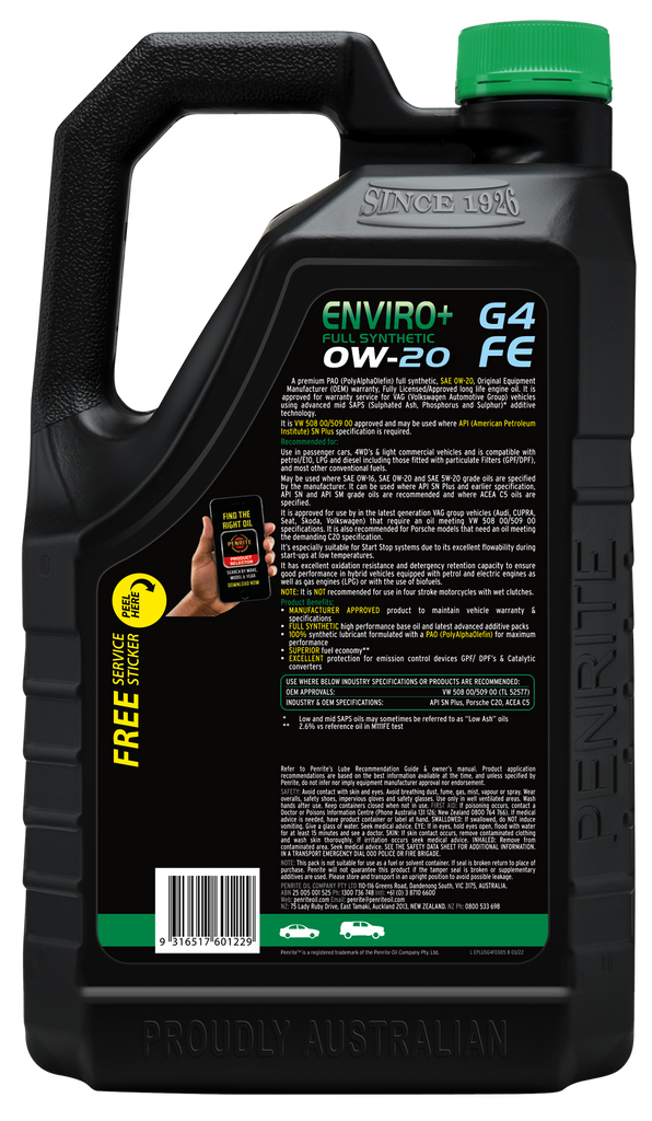 Penrite Enviro+ G4 0W-20 Engine Oil 5L - EPLUSG4FE005