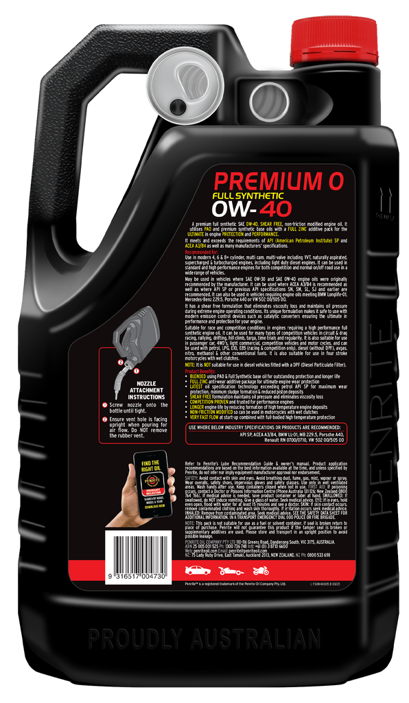 Penrite 10 Tenths Premium 0W-40 Engine Oil 5L - FS0W40005