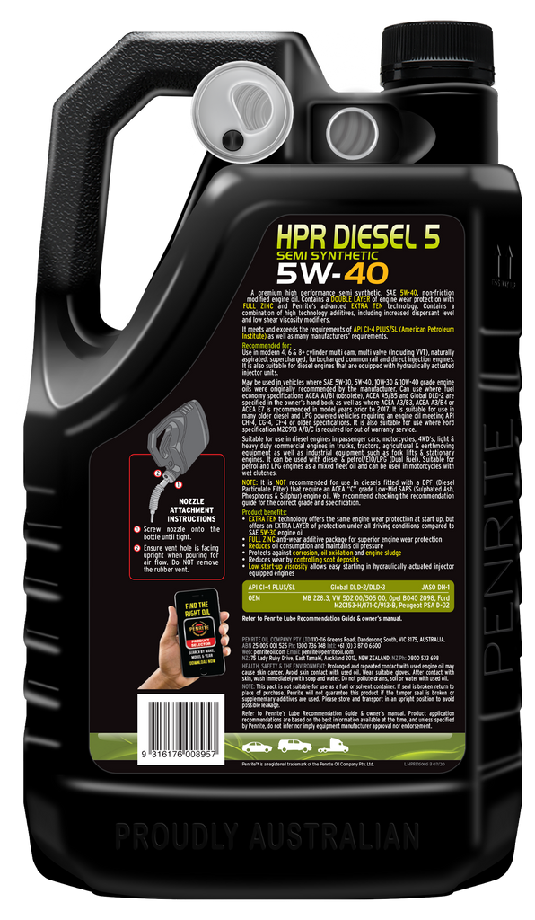 Penrite HPR Diesel 5 SAE 5W-40 Engine Oil 5L - HPRD5005