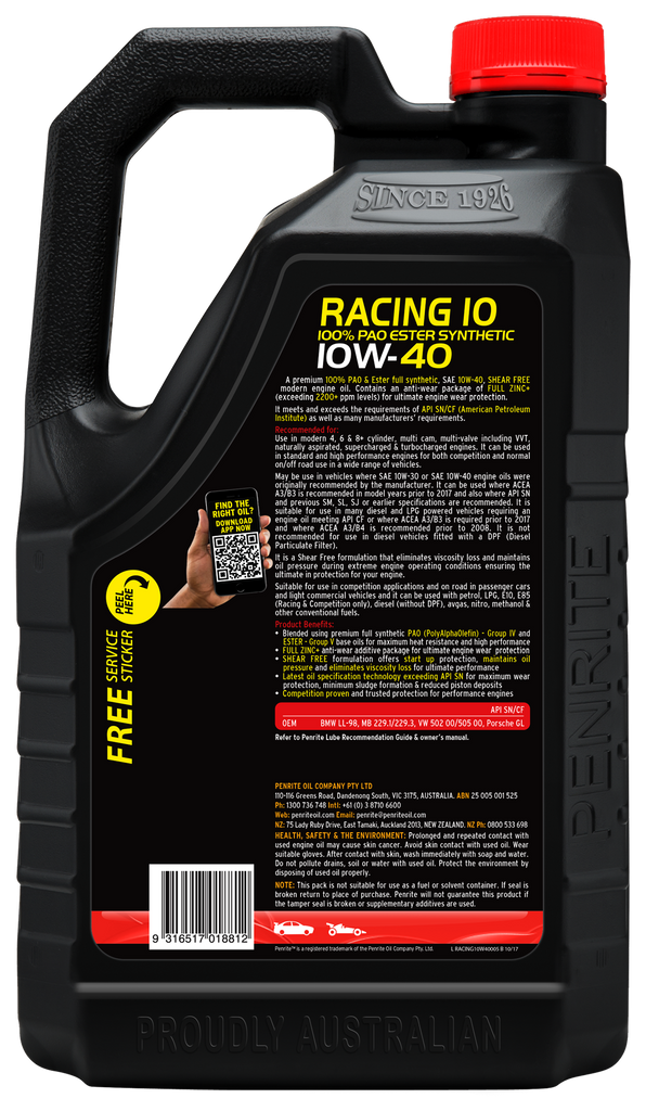 Penrite 10 Tenths Racing 10W-40 Engine Oil 5L - RACING10W40005