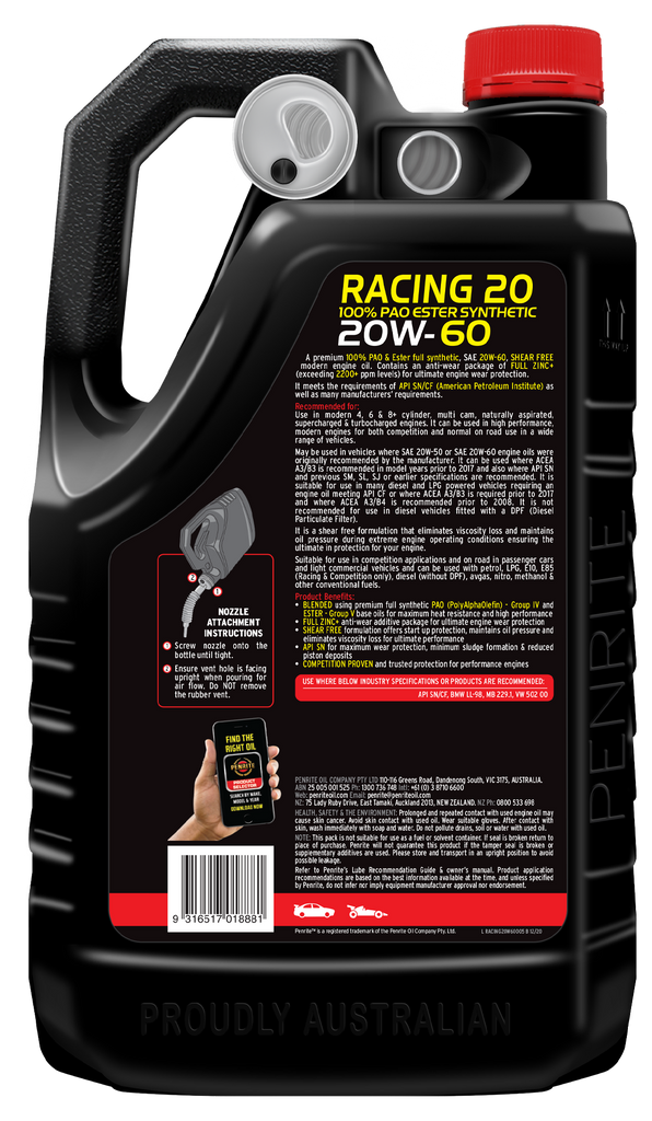 Penrite 10 Tenths Racing 20W-60 Engine Oil 5L - RACING20W60005