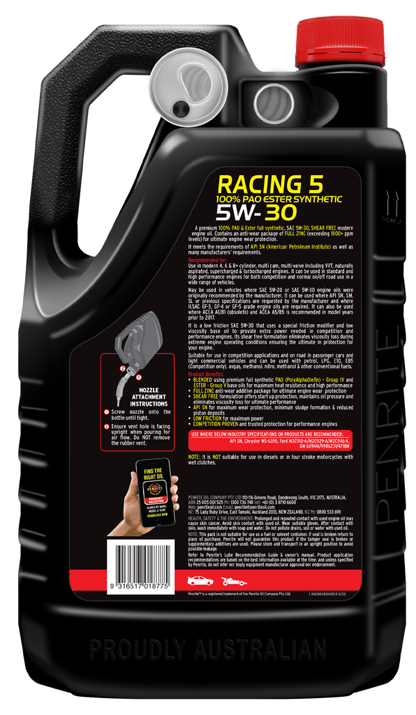 Penrite 10 Tenths Racing 5W-30 Engine Oil 5L - RACING5W30005