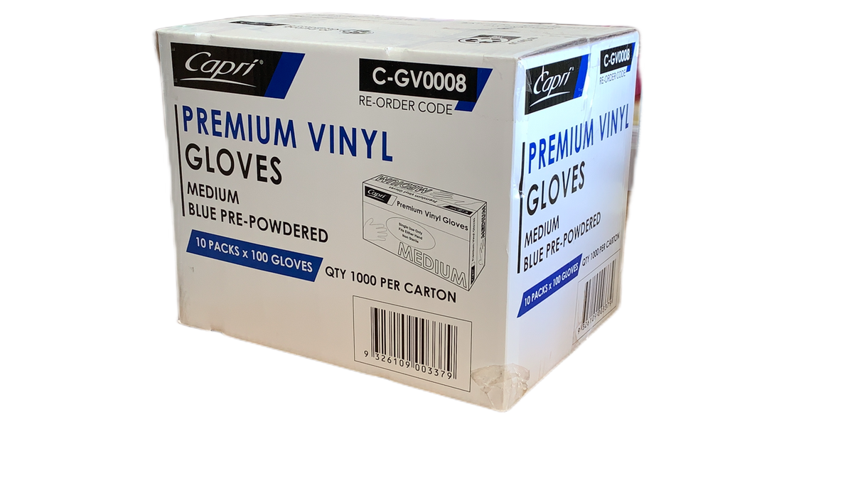 Capri Premium Vinyl Gloves Pre-Powdered Medium Blue 1000 Pcs (10 X 100pcs) -  C-GV0008