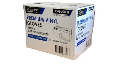 Capri Premium Vinyl Gloves Pre-Powdered Medium Blue 1000 Pcs (10 X 100pcs) -  C-GV0008