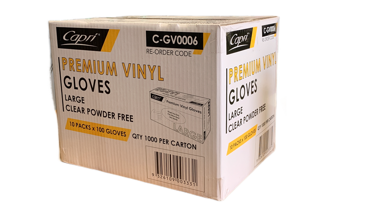 Capri Premium Vinyl Gloves Powder Free Large Clear 1000 Pcs (10 X 100pcs) - C-GV0006