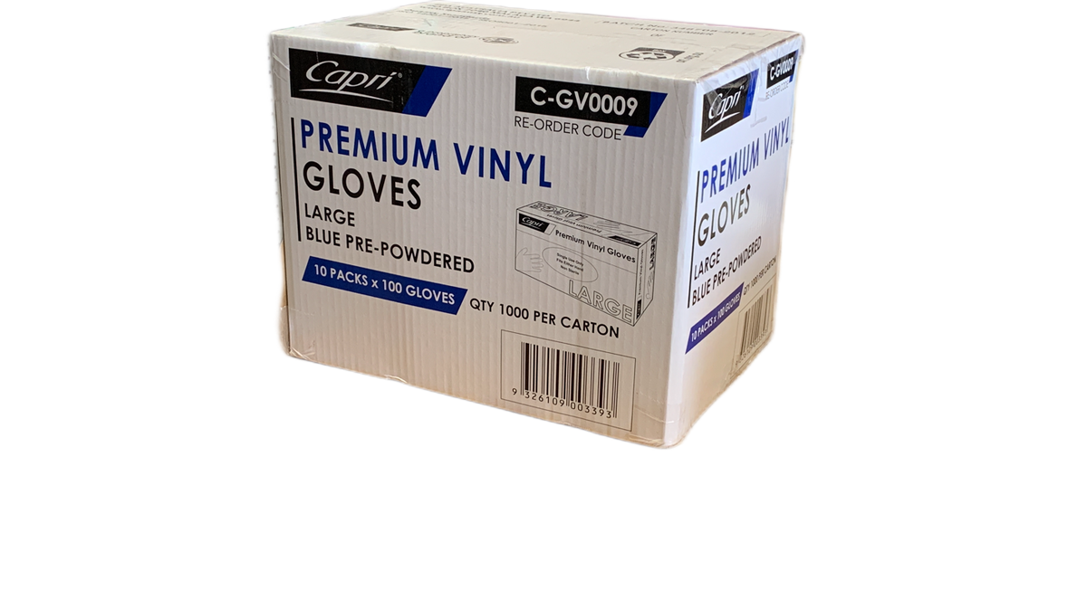 Capri Premium Vinyl Gloves Pre-Powdered Large Blue 1000 Pcs (10 X 100pcs) - C-GV0009