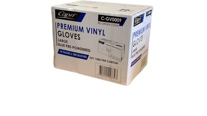 Capri Premium Vinyl Gloves Pre-Powdered Large Blue 1000 Pcs (10 X 100pcs) - C-GV0009