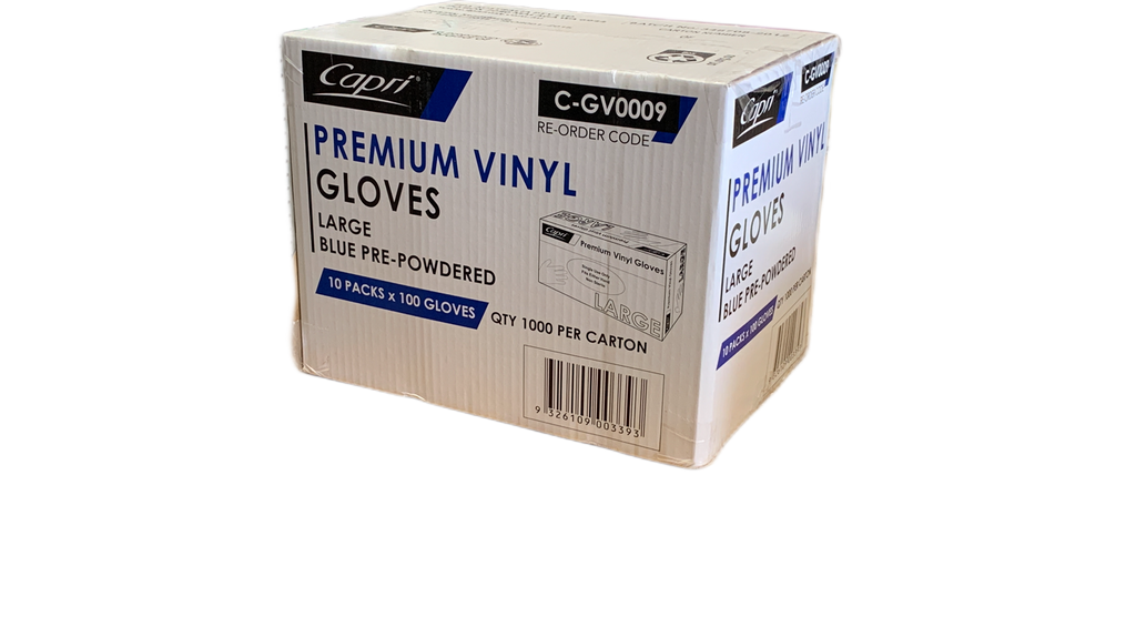 Capri Premium Vinyl Gloves Pre-Powdered Large Blue 1000 Pcs (10 X 100pcs)