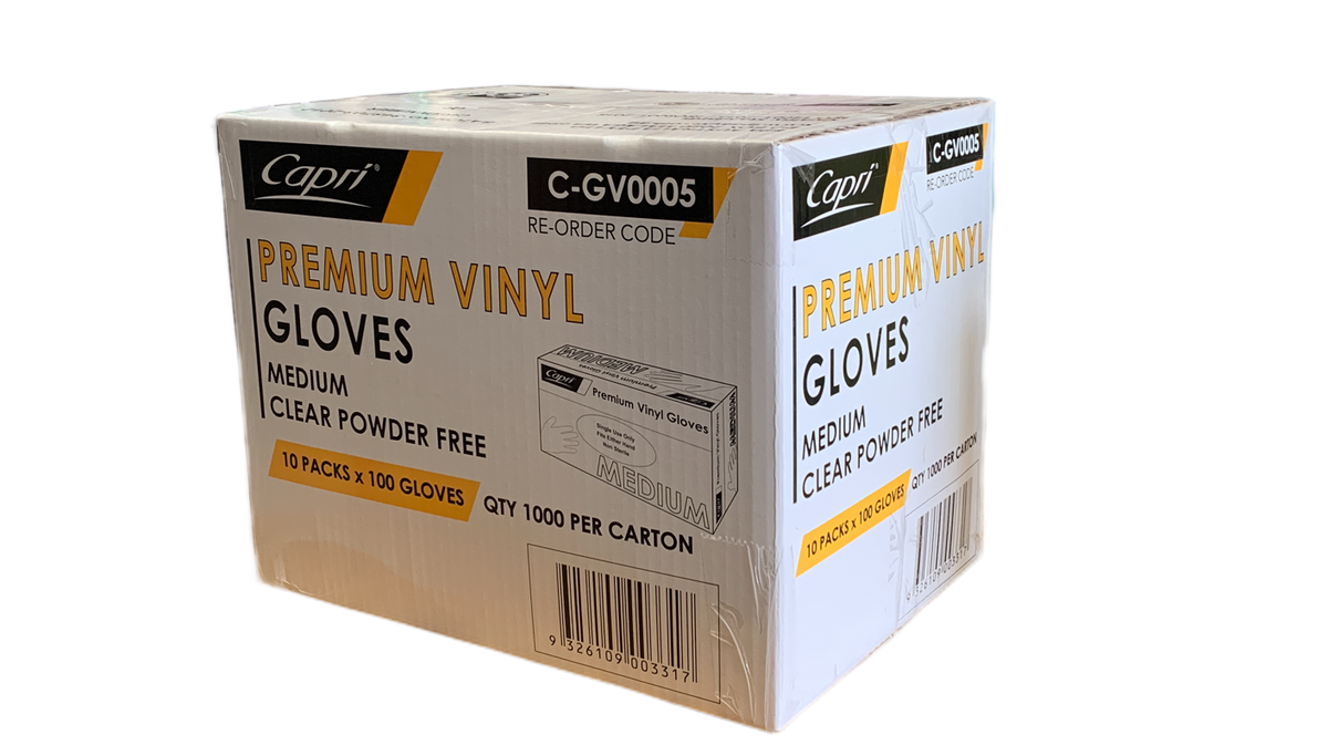 Capri Premium Vinyl Gloves Powder Free Medium Clear 1000 Pcs (10 X 100pcs) - C-GV0005
