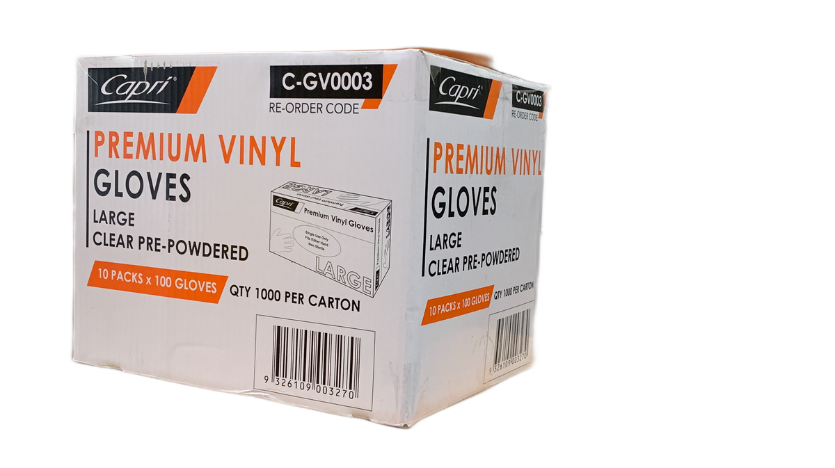 Capri Premium Vinyl Gloves Pre Powdered Large Clear 1000 Pcs (10 X 100pcs) - C-GV0003
