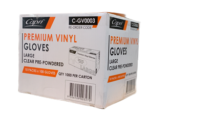 Capri Premium Vinyl Gloves Pre Powdered Large Clear 1000 Pcs (10 X 100pcs) - C-GV0003