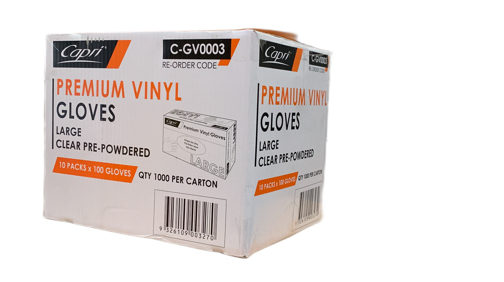 Capri Premium Vinyl Gloves Pre Powdered Large Clear 1000 Pcs (10 X 100pcs)