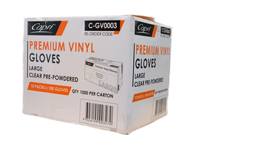 Capri Premium Vinyl Gloves Pre Powdered Large Clear 1000 Pcs (10 X 100pcs) C-GV0003