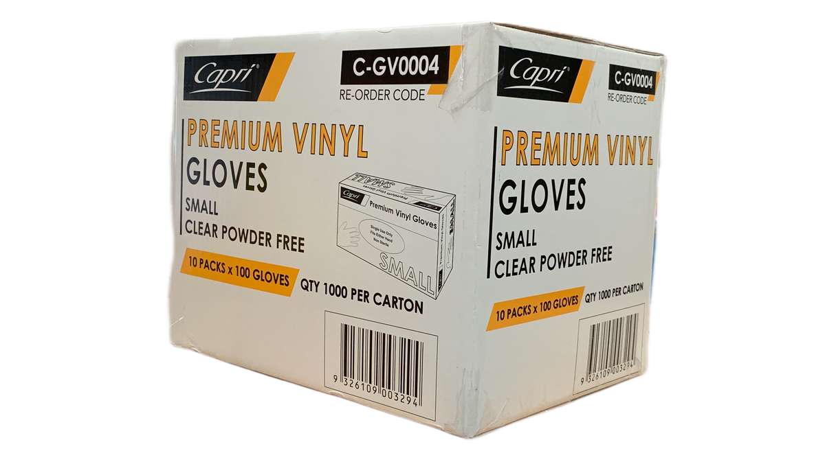 Capri Premium Vinyl Gloves Powder Free Small Clear 1000 Pcs (10 X 100pcs) - C-GV0004