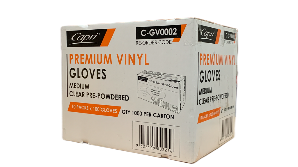 Capri Premium Vinyl Gloves Pre Powdered Medium Clear 1000 Pcs (10 X 100pcs)