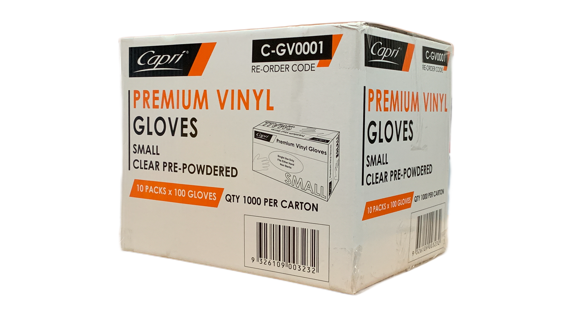 Capri Premium Vinyl Gloves Pre Powdered Small Clear 1000 Pcs (10 X 100pcs) - C-GV0001