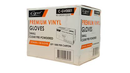 Capri Premium Vinyl Gloves Pre Powdered Small Clear 1000 Pcs (10 X 100pcs) - C-GV0001