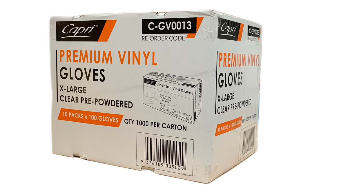 Capri Premium Vinyl Gloves Pre Powdered X-Large Clear 1000 Pcs (10 X 100pcs) -C-GV0013
