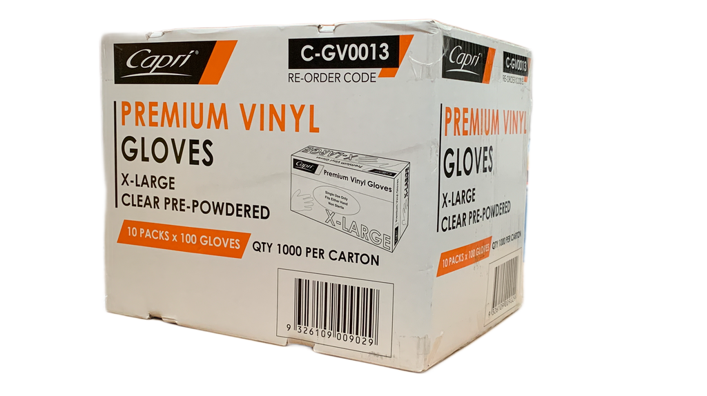 Capri Premium Vinyl Gloves Pre Powdered X-Large Clear 1000 Pcs (10 X 100pcs)