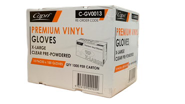 Capri Premium Vinyl Gloves Pre Powdered X-Large Clear 1000 Pcs (10 X 100pcs) -C-GV0013