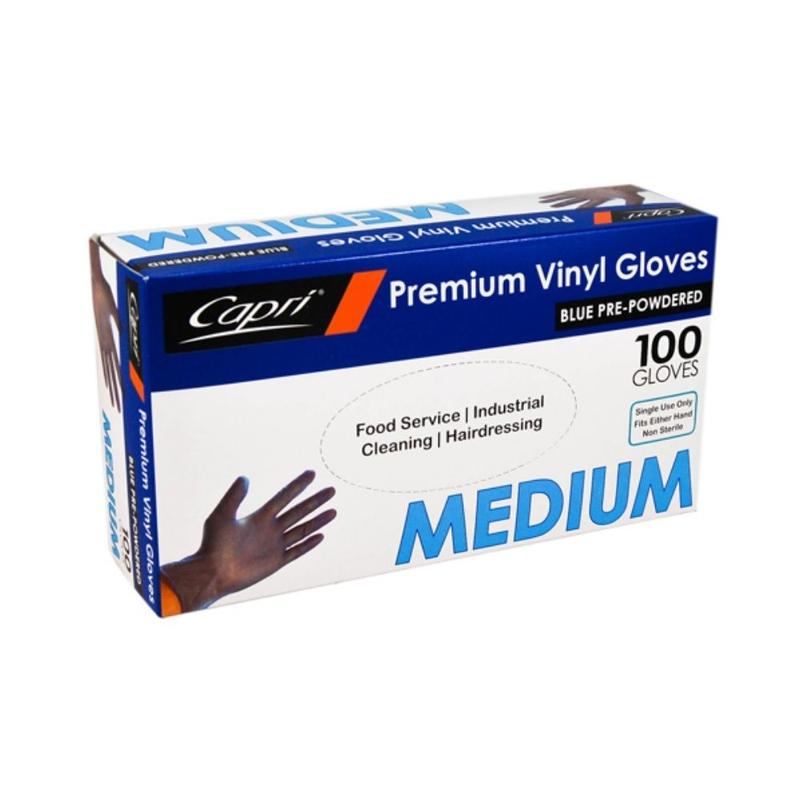 Capri Premium Vinyl Gloves Pre-Powdered Medium Blue 100Pcs