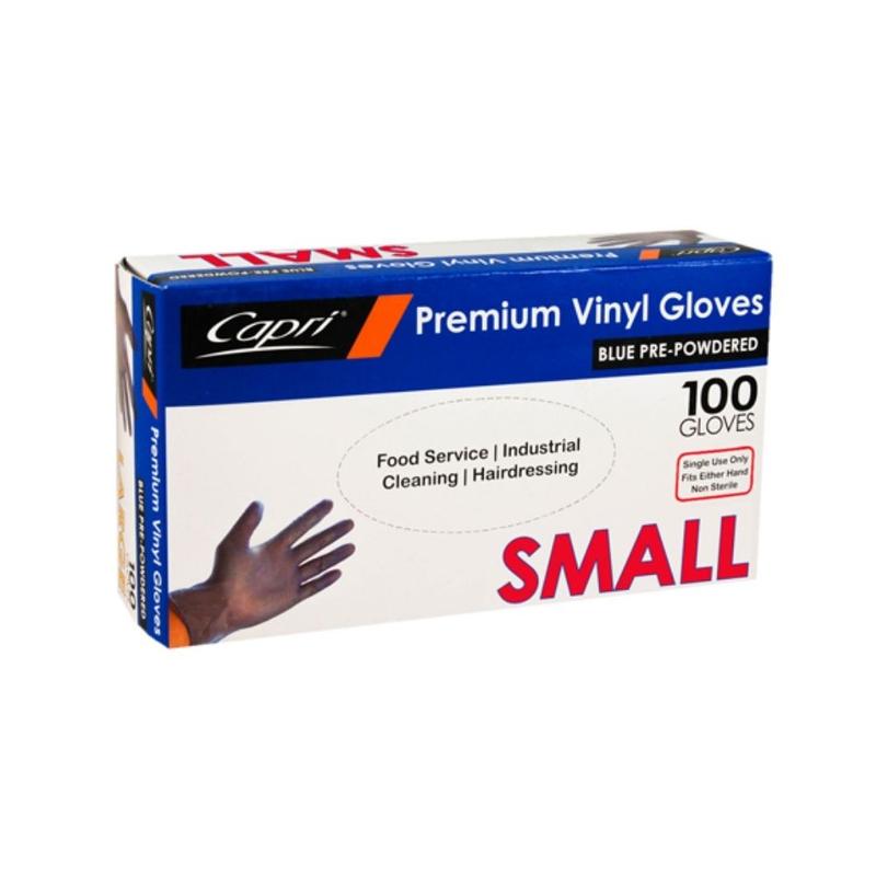 Capri Premium Vinyl Gloves Pre-Powdered Small Blue 100 Pcs