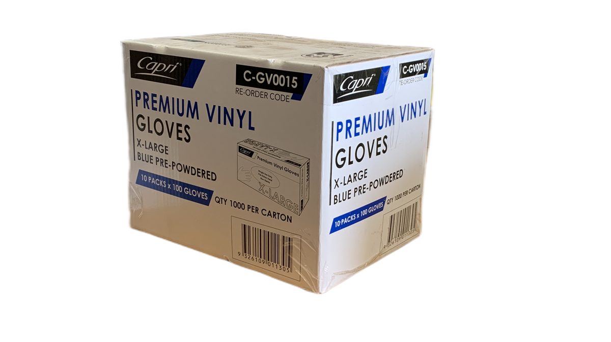 Capri Premium Vinyl Gloves Pre-Powdered X-Large Blue 1000 Pcs (10 X 100pcs) - C-GV0015