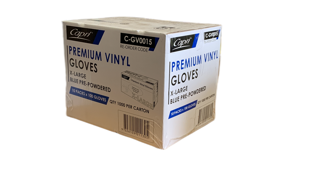 Capri Premium Vinyl Gloves Pre-Powdered X-Large Blue 1000 Pcs (10 X 100pcs)