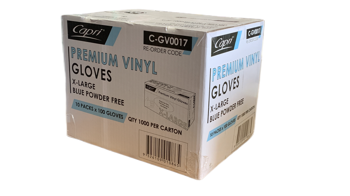 Capri Premium Vinyl Gloves Powder Free X-Large Blue 1000 Pcs (10 X 100pcs) - C-GV0017