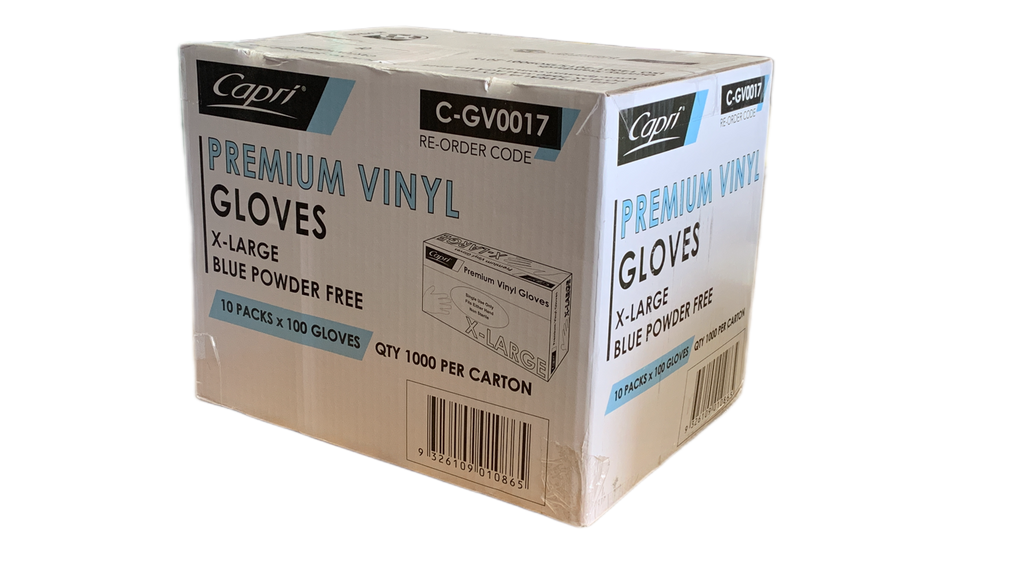 Capri Premium Vinyl Blue Gloves Powder Free X-Large 1000 Pcs (10 X 100pcs)