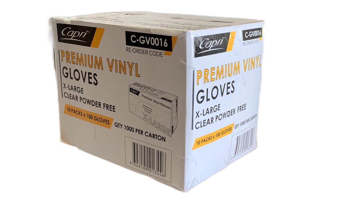Capri Premium Vinyl Gloves Powder Free X-Large Clear 1000 Pcs (10 X 100pcs) - C-GV0016