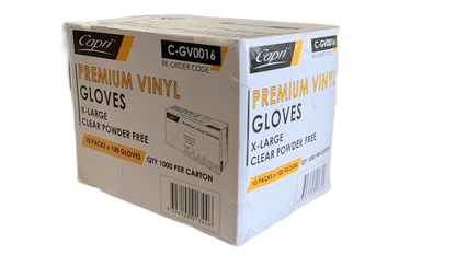 Capri Premium Vinyl Gloves Powder Free X-Large Clear 1000 Pcs (10 X 100pcs) - C-GV0016