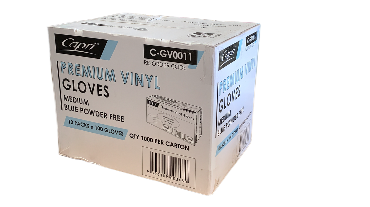 Capri Premium Vinyl Gloves Powder Free Medium Blue 1000 Pcs (10 X 100pcs) - C-GV0011