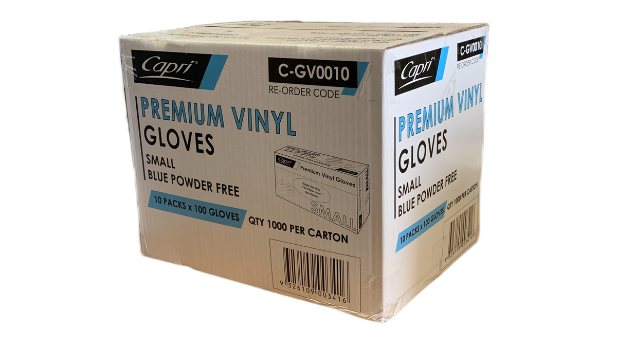 Capri Premium Vinyl Gloves Powder Free Small Blue 1000 Pcs (10 X 100pcs) - C-GV0010