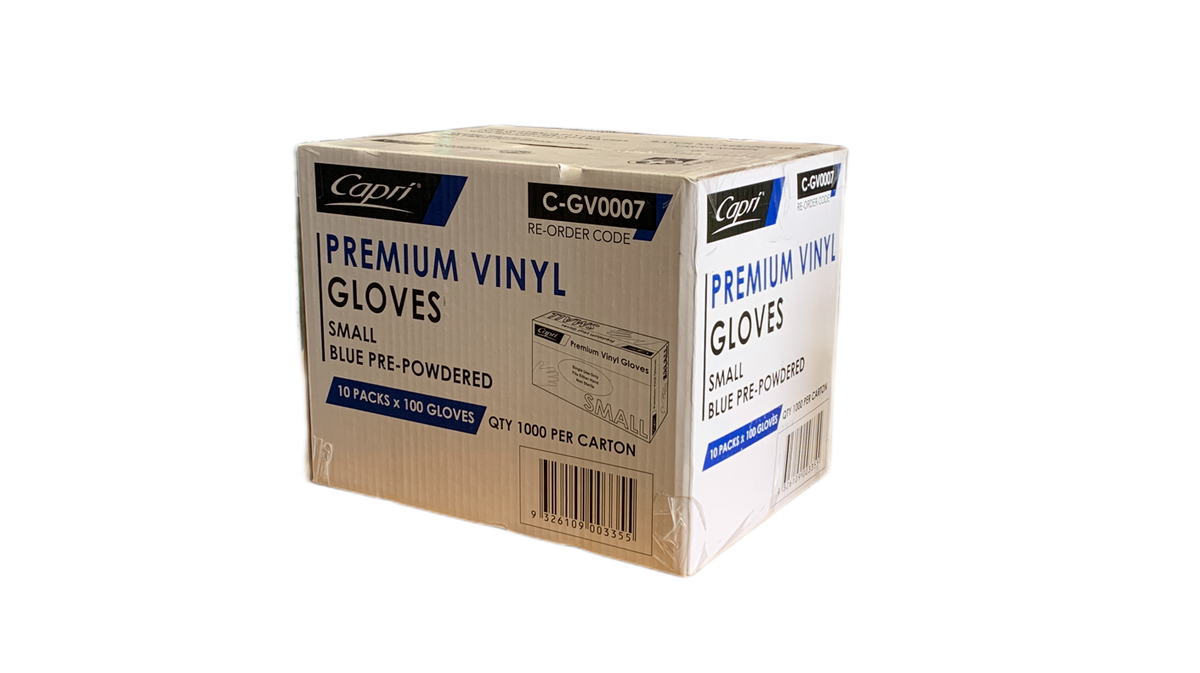 Capri Premium Vinyl Gloves Pre-Powdered Small Blue 1000 Pcs (10 X 100pcs) - C-GV0007