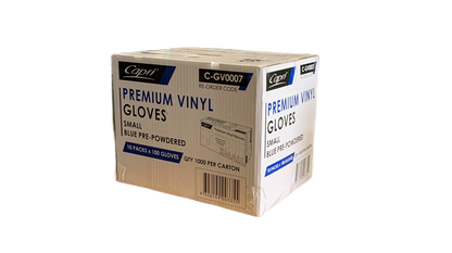 Capri Premium Vinyl Gloves Pre-Powdered Small Blue 1000 Pcs (10 X 100pcs) - C-GV0007