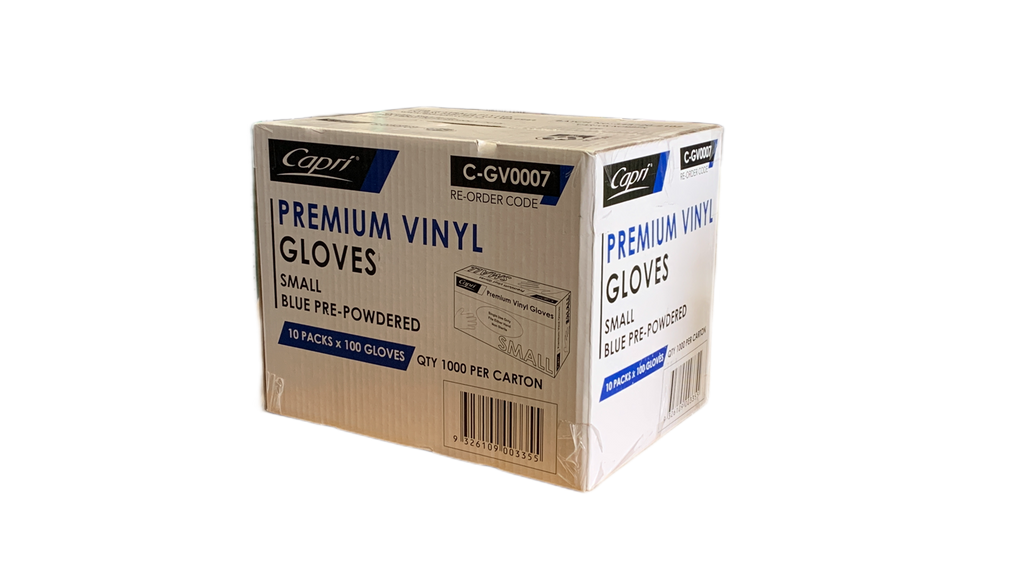 Capri Premium Vinyl Gloves Pre-Powdered Small Blue 1000 Pcs (10 X 100pcs)