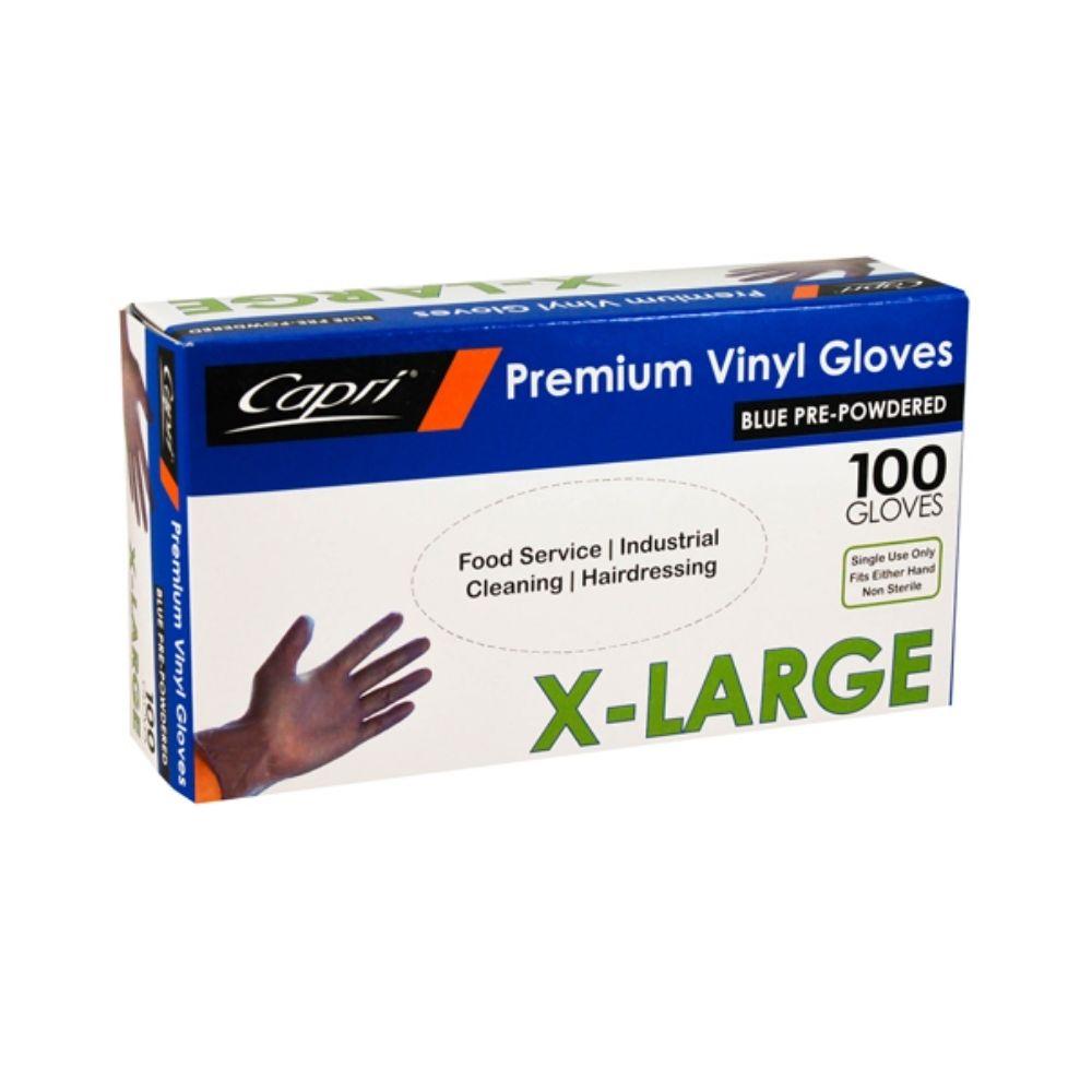 Capri Premium Vinyl Gloves Pre-Powdered X-Large Blue 100 Pcs