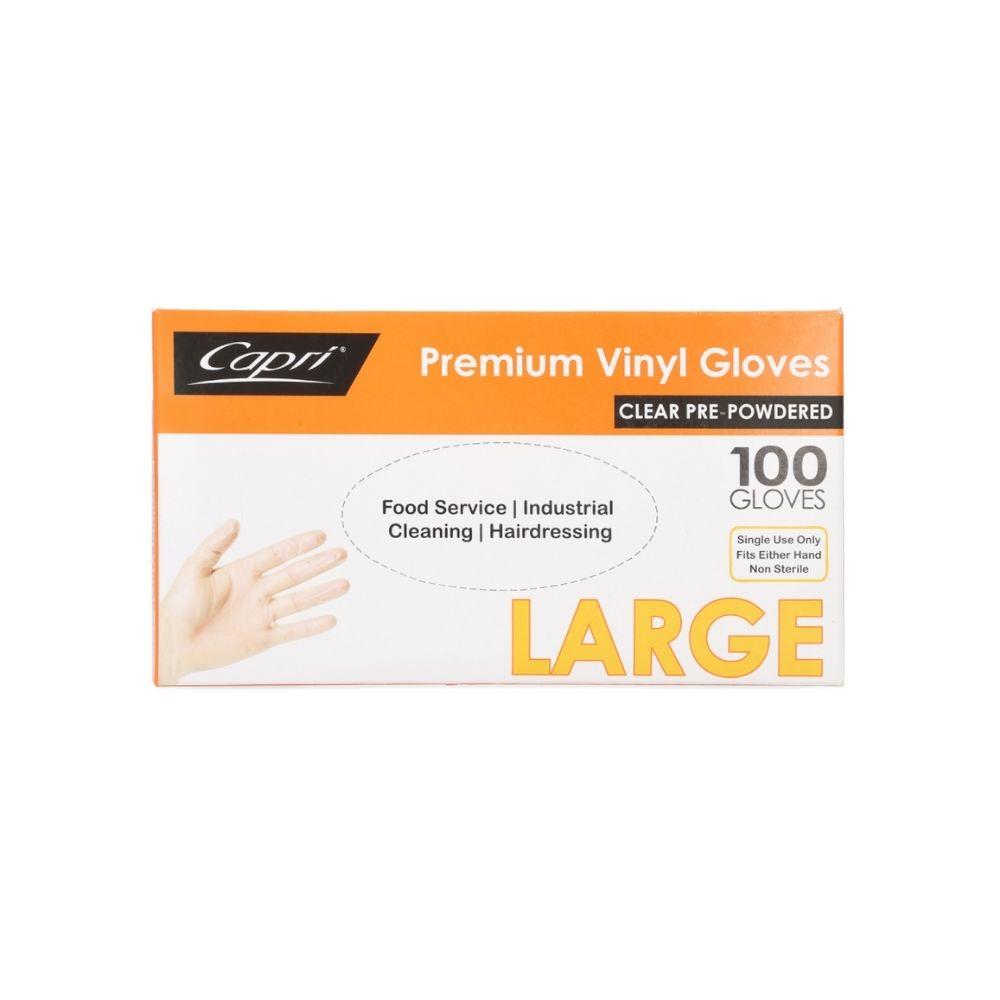 Capri Premium Vinyl Gloves Pre Powdered Large Clear 100 Pcs