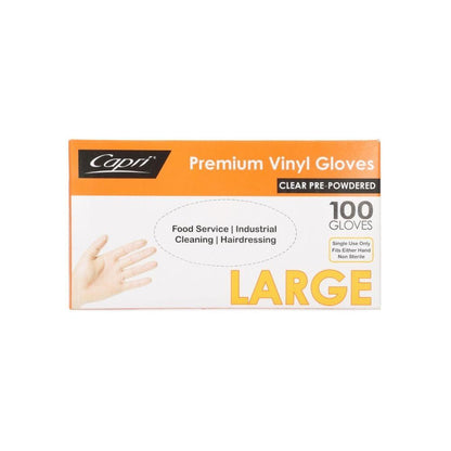 Capri Premium Vinyl Gloves Pre Powdered Large Clear 1000 Pcs (10 X 100pcs) - C-GV0003