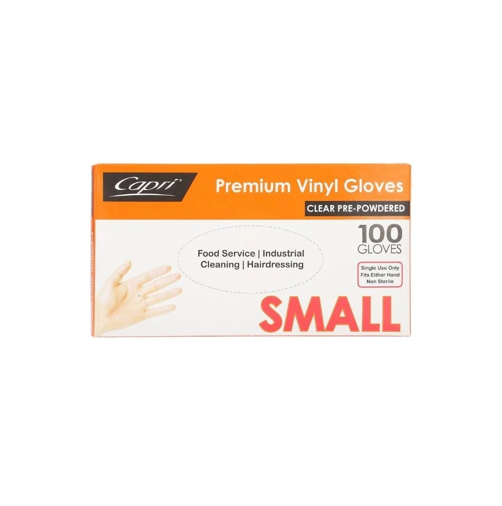 Capri Premium Vinyl Gloves Pre Powdered Small Clear 100 Pcs