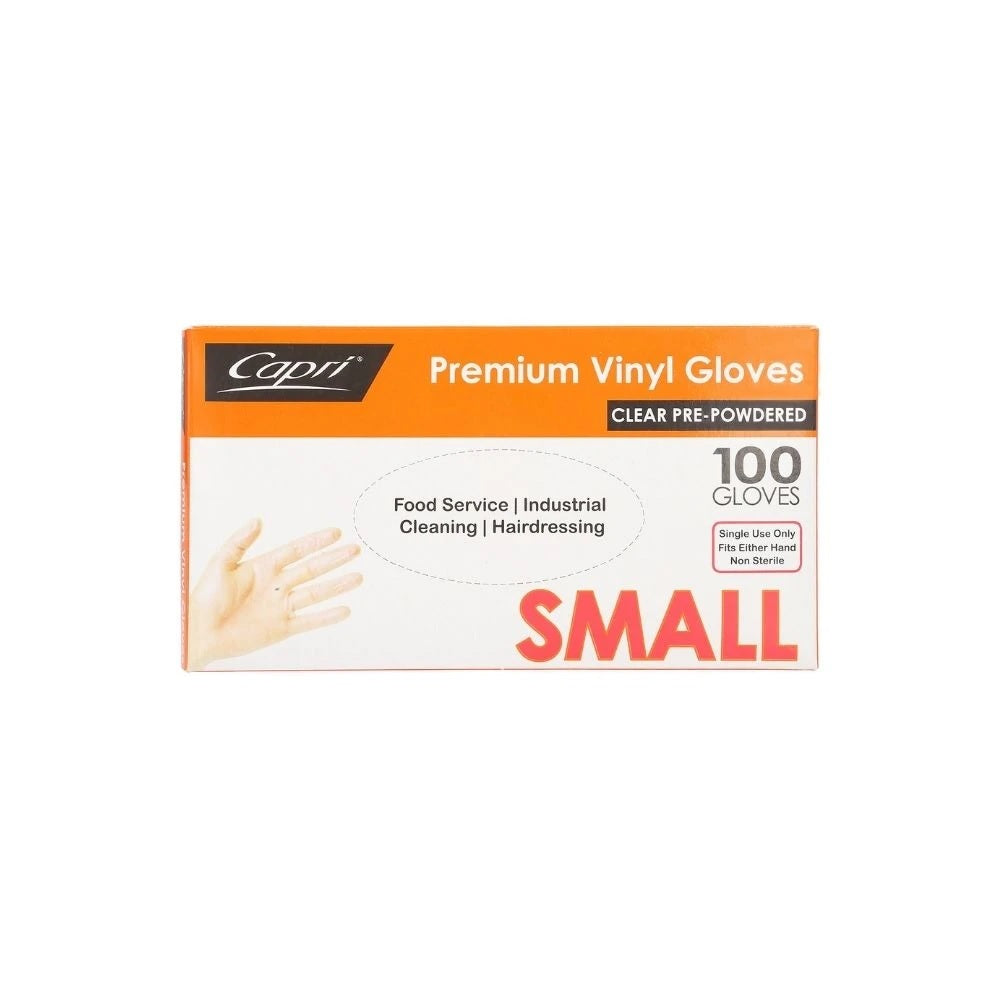 Capri Premium Vinyl Gloves Pre Powdered Small Clear 1000 Pcs (10 X 100pcs) - C-GV0001