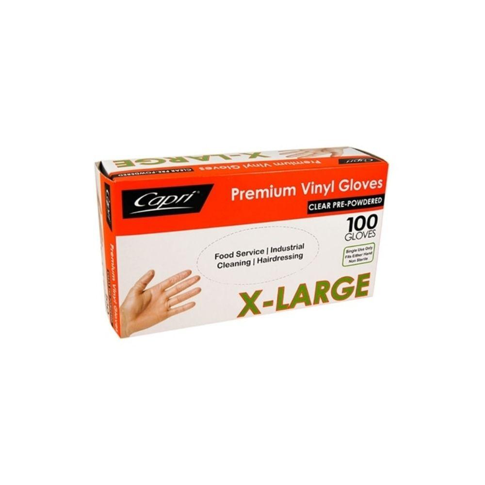 Capri Premium Vinyl Gloves Pre Powdered X-Large Clear 100 Pcs