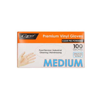 Capri Premium Vinyl Gloves Pre Powdered Medium Clear 1000 Pcs (10 X 100pcs) - C-GV0002
