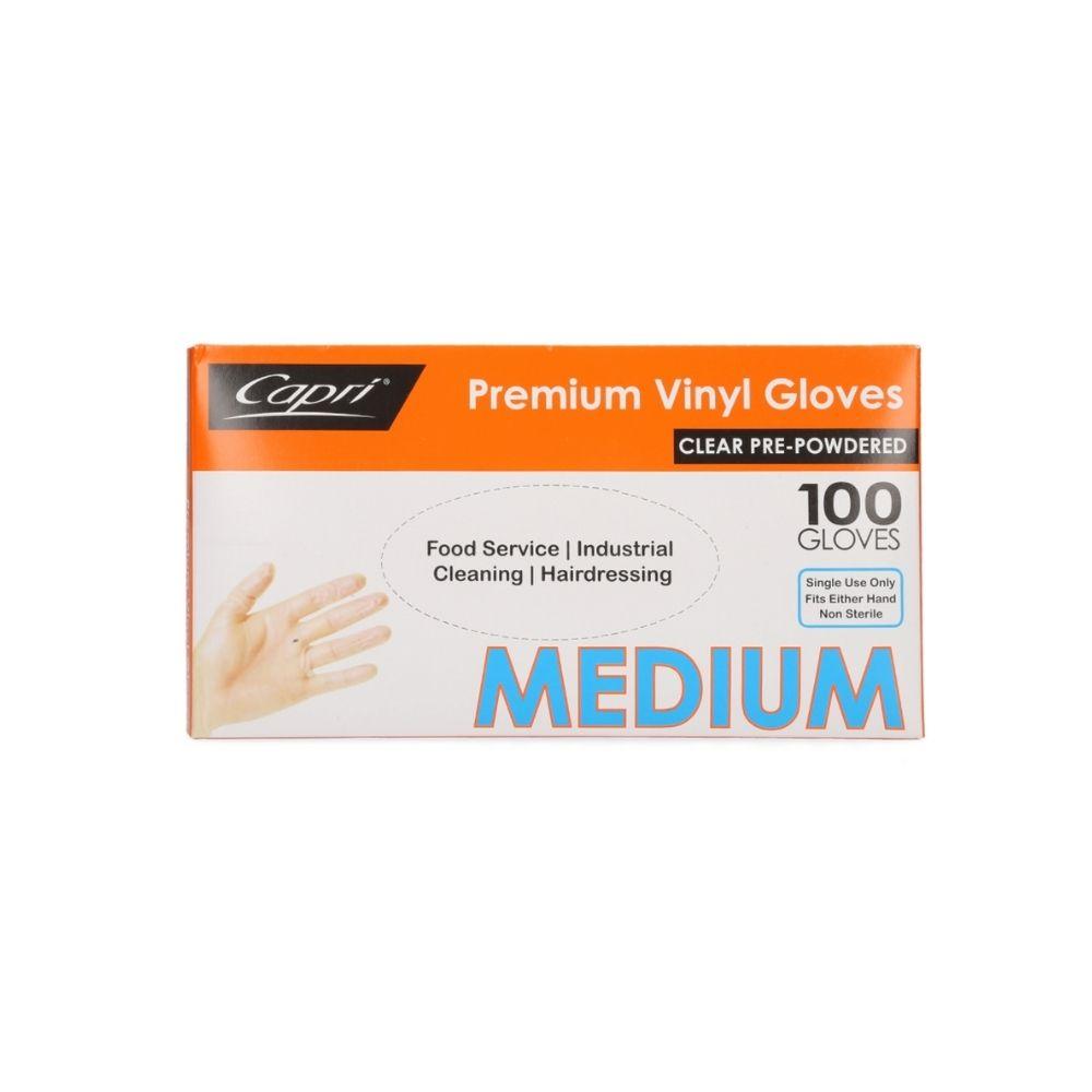 Capri Premium Vinyl Gloves Pre Powdered Medium Clear 1000 Pcs (10 X 100pcs)