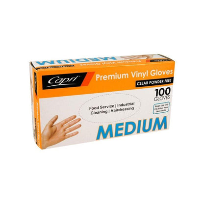 Capri Premium Vinyl Gloves Powder Free Medium Clear 100 Pcs - C-GV0005